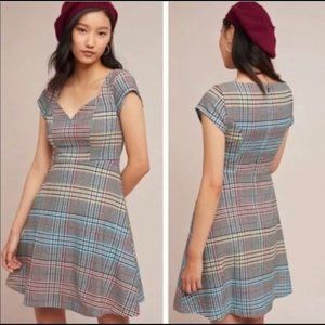Moulinette Soeurs Gray Plaid Fit-and-Flare Mini Dress with Blue and Pink Accents